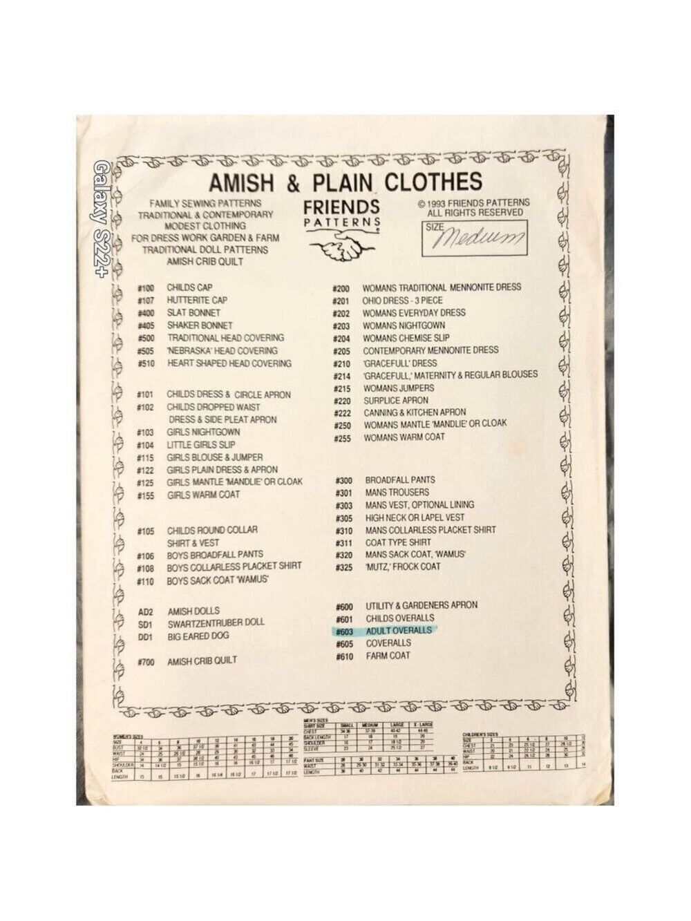 1993 Friends Patterns #603 Medium Adult Overalls Sewing Pattern Amish & Plain Cl